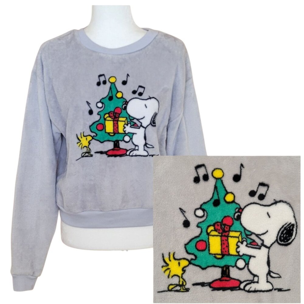 Peanuts Snoopy Woodstock Holiday Christmas Plush Velour Sweatshirt Sz M